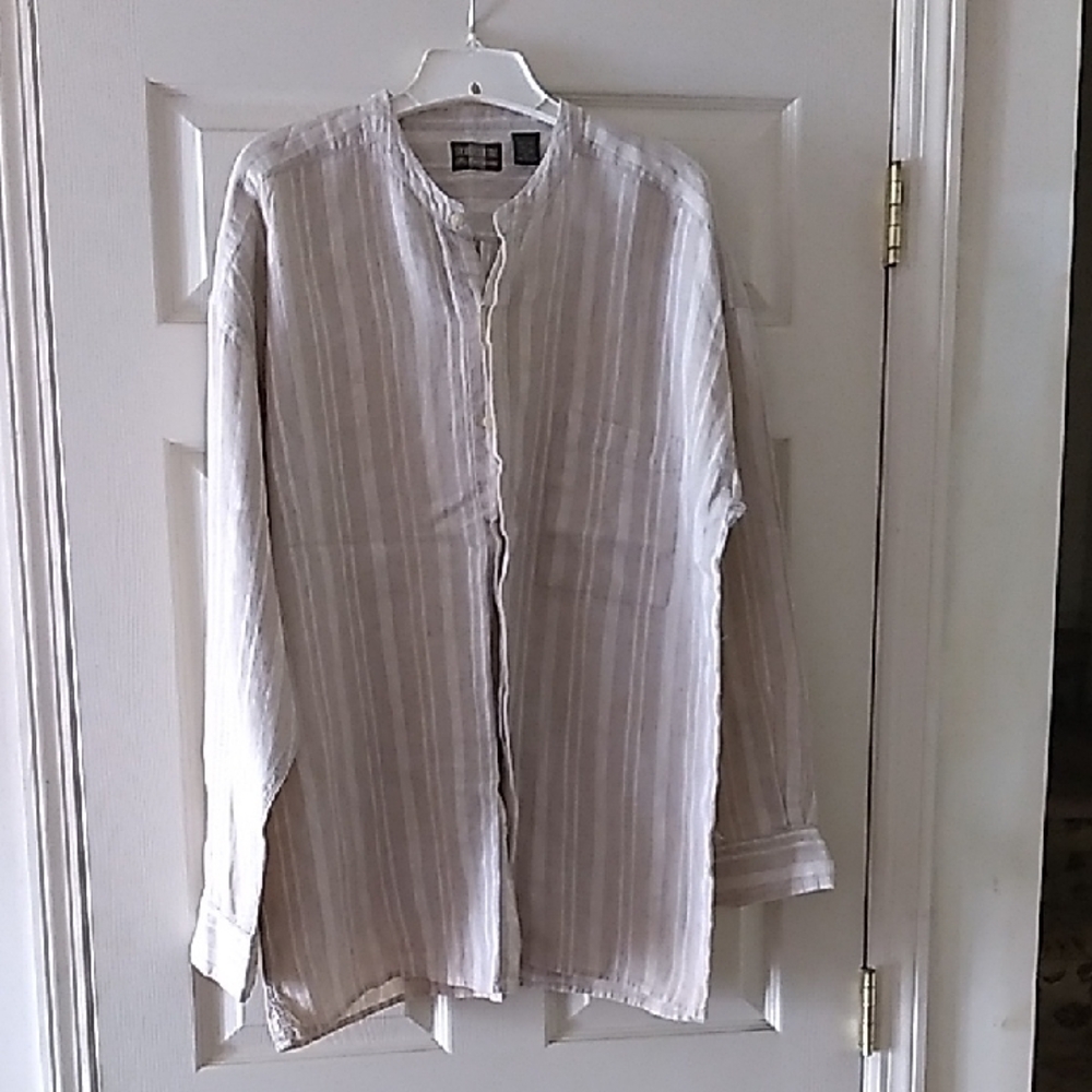 Lightweight Beige & White Striped Band-Collar Shirt Jacket
